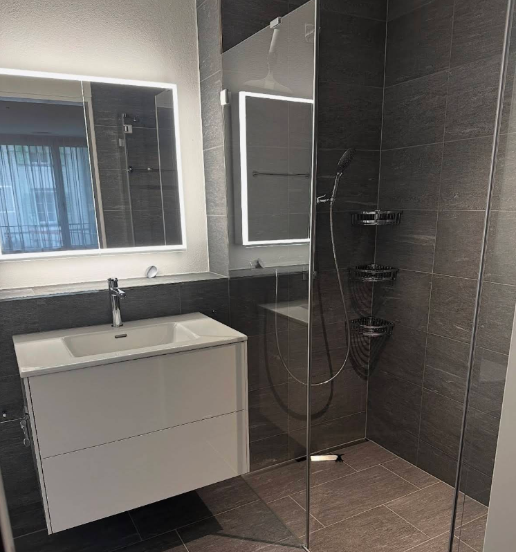 Badezimmer mit dunklen Fliesen und Glasdusche